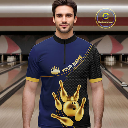 Blue and Gold Bowling shirts for men Custom Team Bowling Polo, 1/4 zip Shirt bowlers Outfit NQS10986