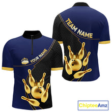 Load image into Gallery viewer, Blue and Gold Bowling shirts for men Custom Team Bowling Polo, 1/4 zip Shirt bowlers Outfit NQS10986