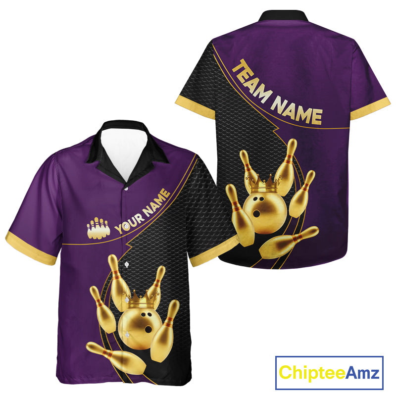 Purple and Gold Hawaiian Bowling jerseys Custom Team Bowling Button up Shirt bowlers Outfit NQS10987