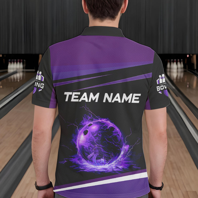 Black and Purple Lighting Flame Mens Bowling Polo, Quarter Zip Shirt Custom Team bowling jerseys NQS9320