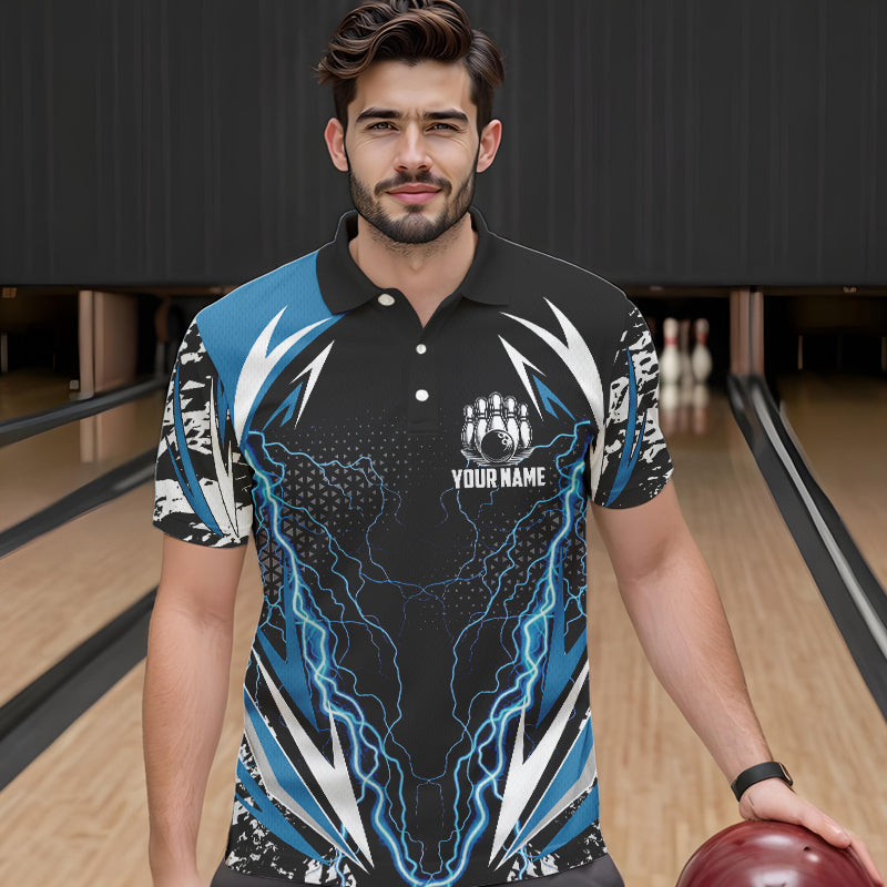 Black and Blue Lighting thunder camo Mens Bowling Polo, Quarter Zip Shirt Custom Team bowling jerseys NQS9321