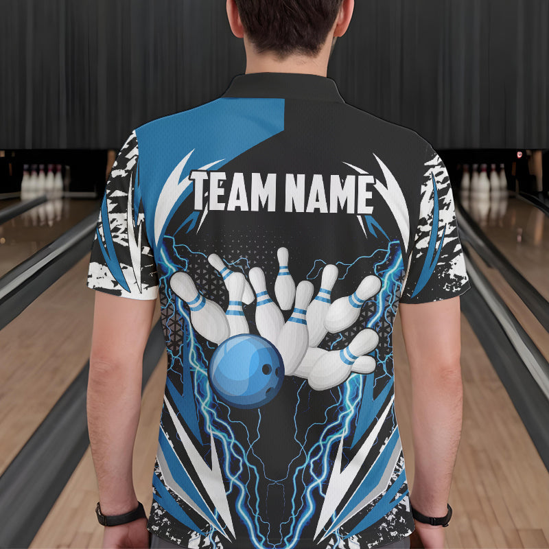Black and Blue Lighting thunder camo Mens Bowling Polo, Quarter Zip Shirt Custom Team bowling jerseys NQS9321
