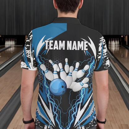 Black and Blue Lighting thunder camo Mens Bowling Polo, Quarter Zip Shirt Custom Team bowling jerseys NQS9321