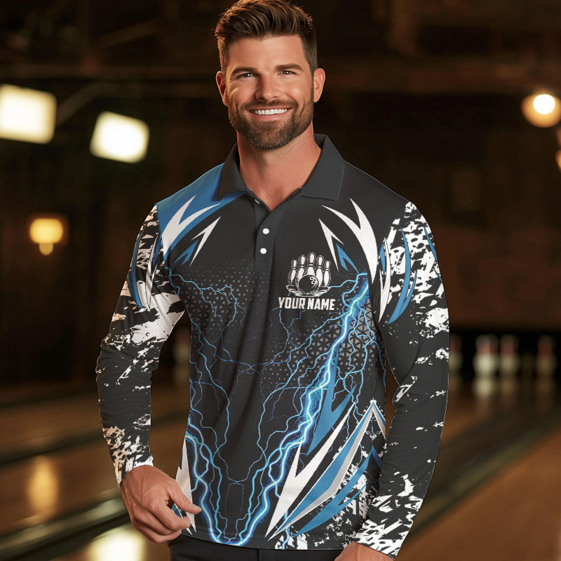 Black and Blue Lighting thunder camo Mens Bowling Polo, Quarter Zip Shirt Custom Team bowling jerseys NQS9321