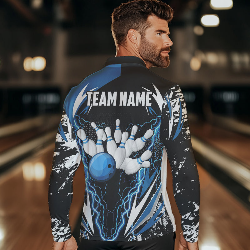 Black and Blue Lighting thunder camo Mens Bowling Polo, Quarter Zip Shirt Custom Team bowling jerseys NQS9321
