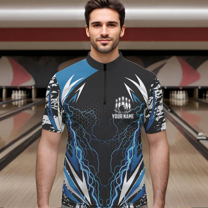 Black and Blue Lighting thunder camo Mens Bowling Polo, Quarter Zip Shirt Custom Team bowling jerseys NQS9321