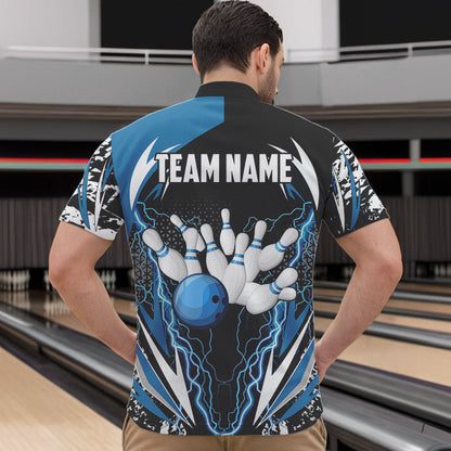 Black and Blue Lighting thunder camo Mens Bowling Polo, Quarter Zip Shirt Custom Team bowling jerseys NQS9321