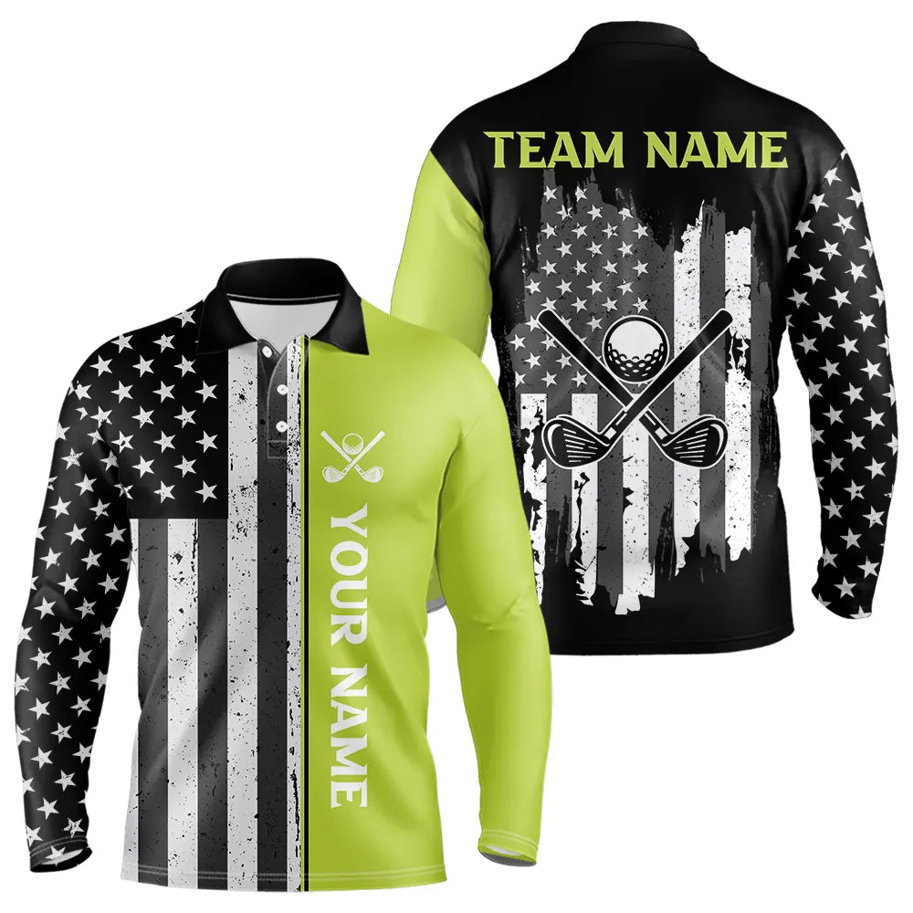 Black White Retro American Flag Golf Polo Shirt for Men Custom Patriotic Golf Team Shirt | Green NQS9637