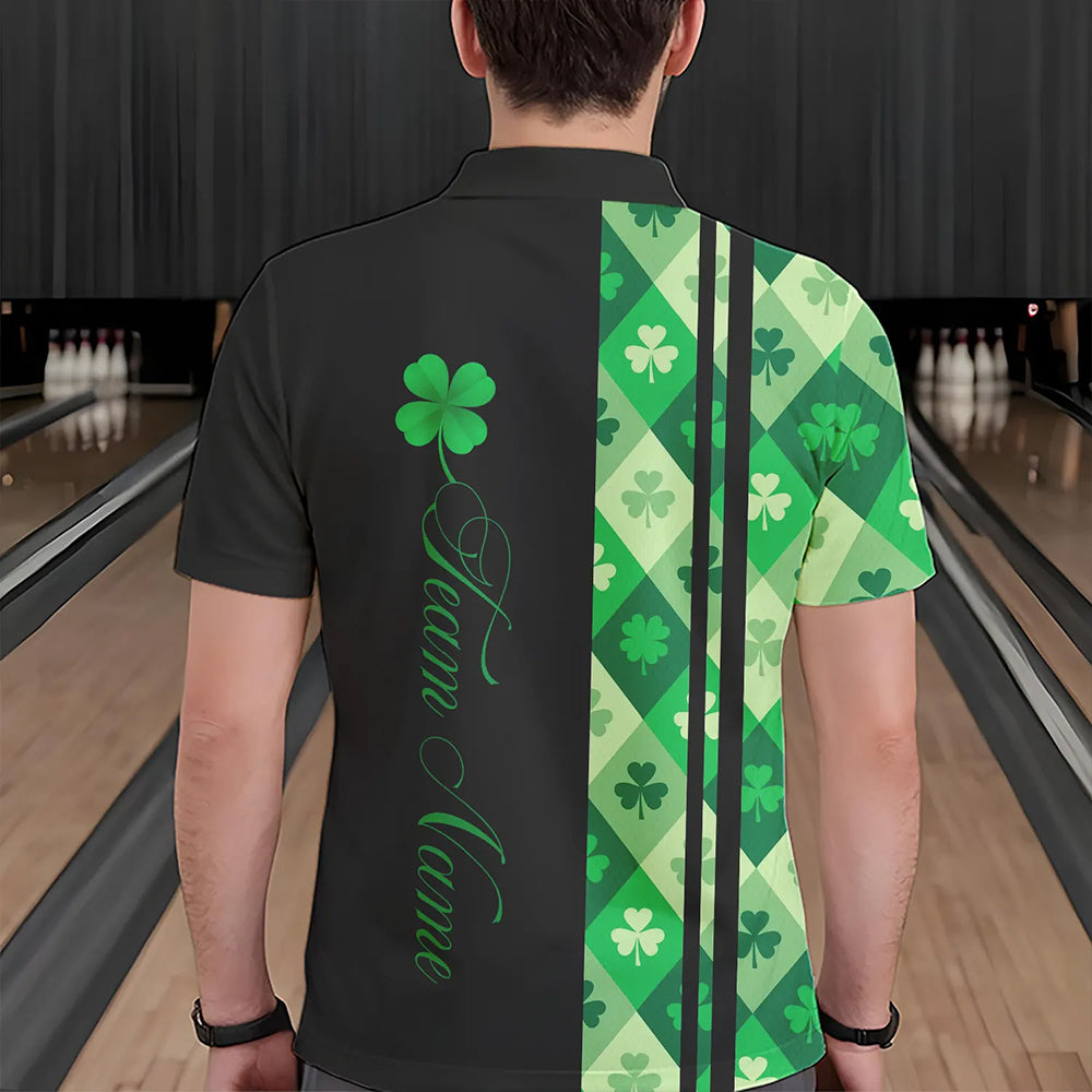Black and Green Argyle Clover pattern Men Bowling Shirts Custom St patrick Day Bowling Team Jersey NQS9639