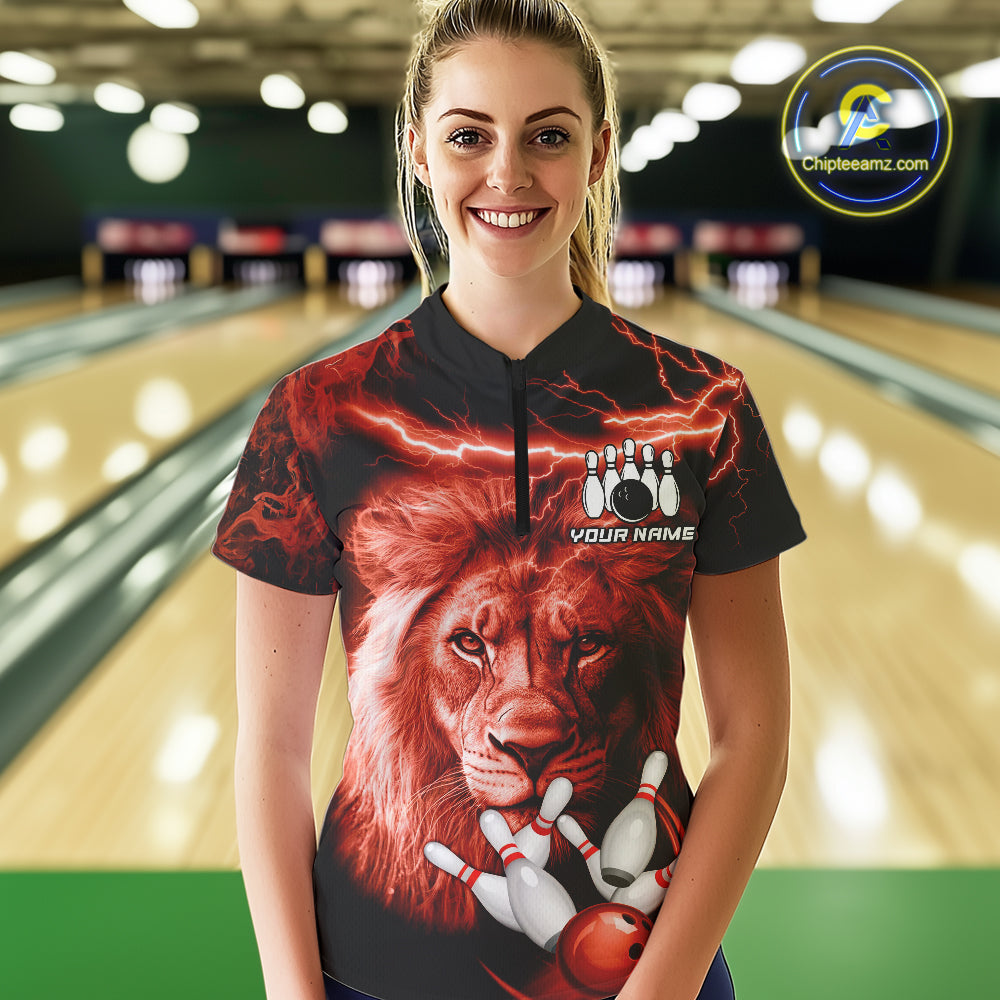 Personalized Red Lightning Thunder Storm Lion Bowling Shirts For Women Custom Bowling Team Jerseys NQS9840