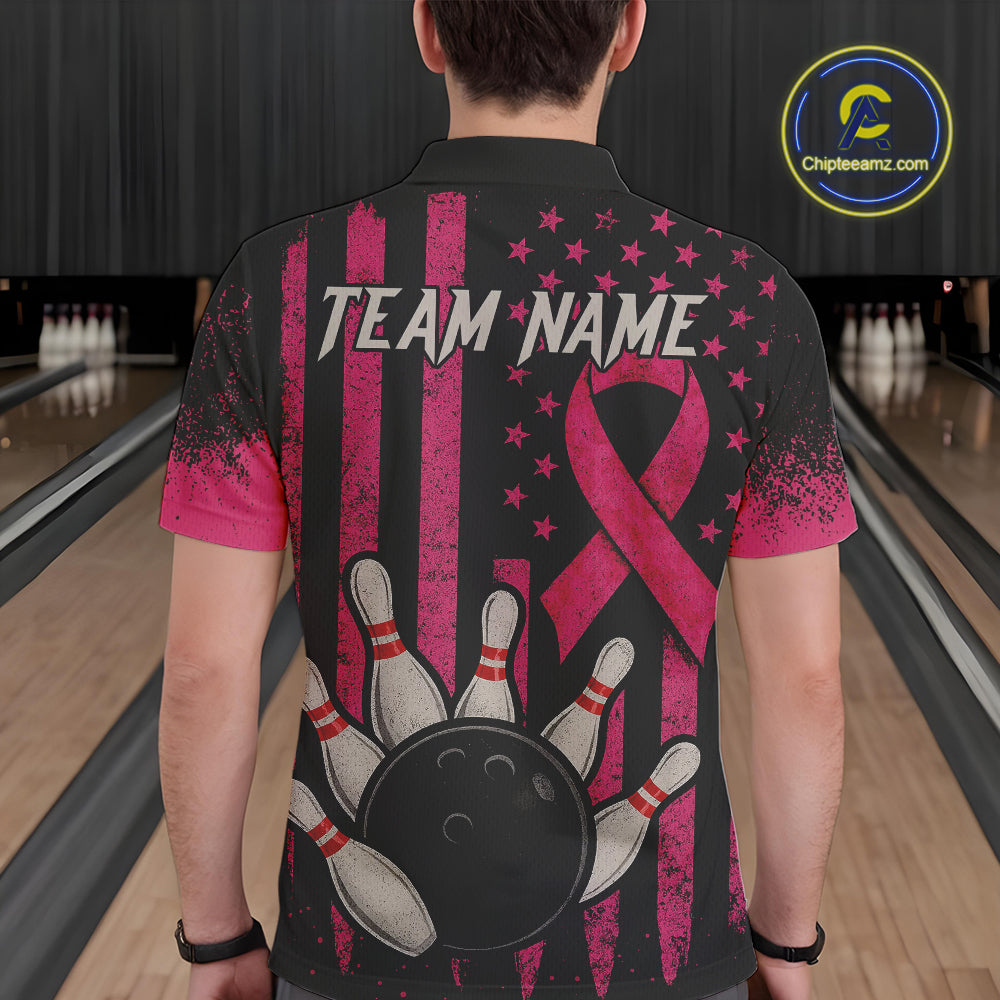 Black and Pink ribbon American Flag Breast Cancer Bowling Shirts For Men Custom Bowling Team Jerseys NQS9841