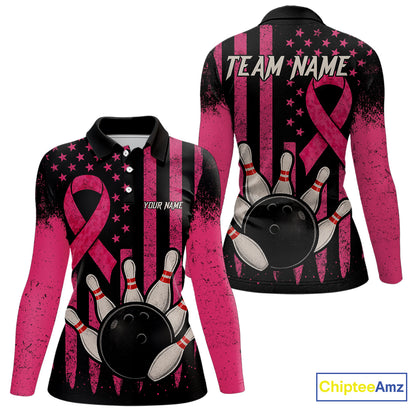 Black and Pink ribbon American Flag Breast Cancer Bowling Shirts For Women Custom Bowling Team Jerseys NQS9841