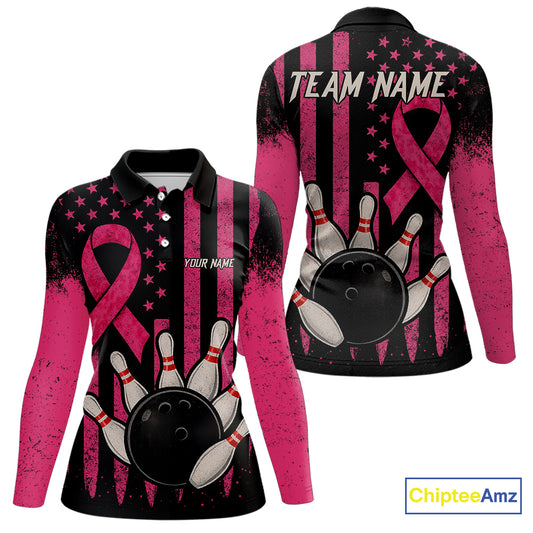 Black and Pink ribbon American Flag Breast Cancer Bowling Shirts For Women Custom Bowling Team Jerseys NQS9841