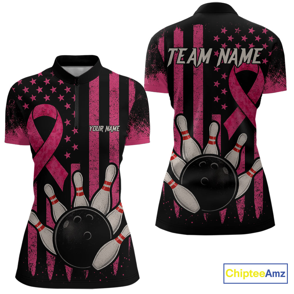 Black and Pink ribbon American Flag Breast Cancer Bowling Shirts For Women Custom Bowling Team Jerseys NQS9841