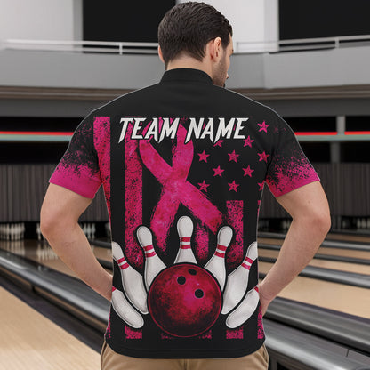 Breast Cancer Bowling Shirts For Men Custom Black and Pink ribbon American Flag Bowling Team Jerseys NQS9842