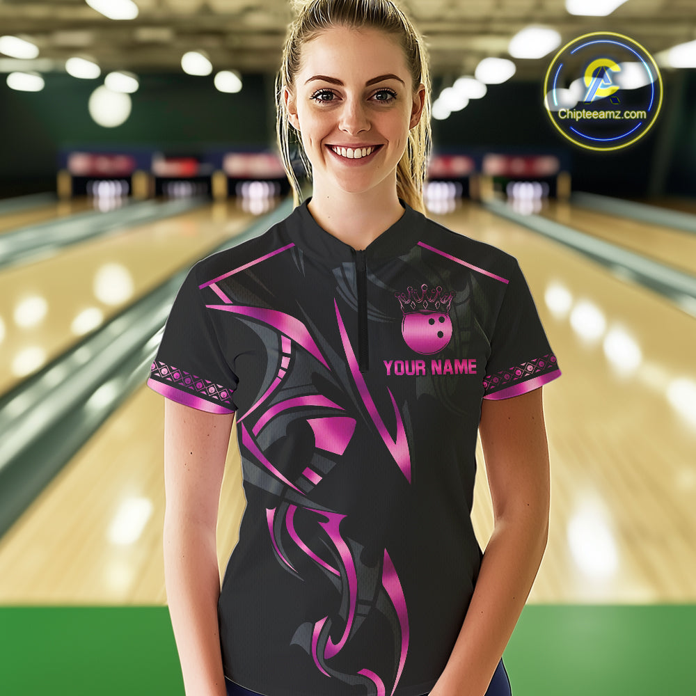 Black and Pink crown Bowling ball Polo, Quarter Zip Shirts for Women Custom Bowling Team jerseys NQS10074