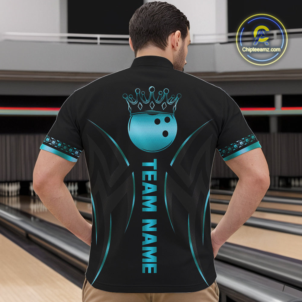 Black and Cyan Blue crown Bowling ball Polo, Quarter Zip Shirts for Men Custom Bowling Team jerseys NQS10075