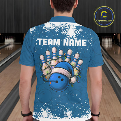Blue Christmas Bowling snowflake Men's Bowling Polo, Quarter Zip shirts Custom Xmas Bowling Outfits NQS10995
