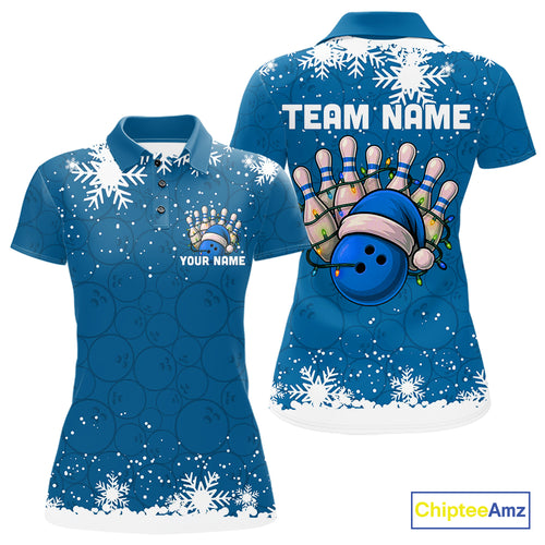 Blue Christmas Bowling snowflake Women's Bowling Polo, Quarter Zip shirts Custom Xmas Bowling Outfits NQS10995