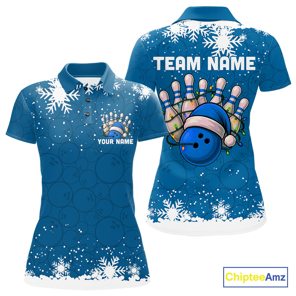 Blue Christmas Bowling snowflake Women's Bowling Polo, Quarter Zip shirts Custom Xmas Bowling Outfits NQS10995