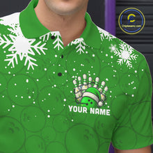 Load image into Gallery viewer, Green Christmas Bowling snowflake Men&#39;s Bowling Polo, Quarter Zip shirts Custom Xmas Bowling Outfits NQS10996