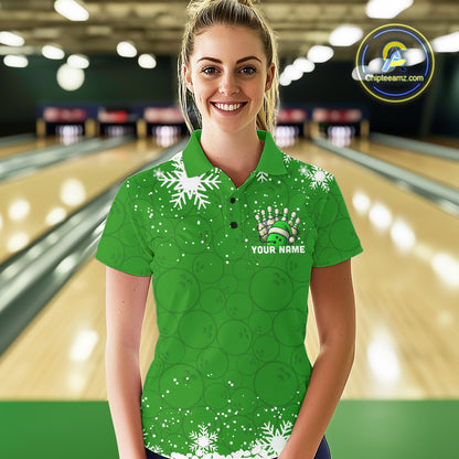 Green Christmas Bowling snowflake Women's Bowling Polo, Quarter Zip shirt Custom Xmas Bowling Outfits NQS10996