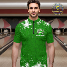 Load image into Gallery viewer, Green Christmas Bowling snowflake Men&#39;s Bowling Polo, Quarter Zip shirts Custom Xmas Bowling Outfits NQS10996