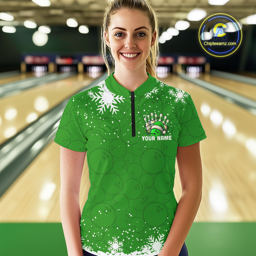 Green Christmas Bowling snowflake Women's Bowling Polo, Quarter Zip shirt Custom Xmas Bowling Outfits NQS10996