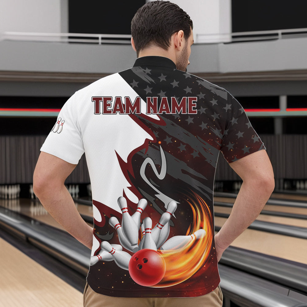 Black and White American flag Bowling jersey Custom Patriotic Bowling Polo, 1/4 Zip Shirts For Men NQS10999
