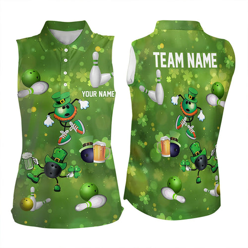 Funny Green shamrock Lucky Bowling Sleeveless Polo Shirt Custom St Patrick Day Team bowling jerseys NQS9325