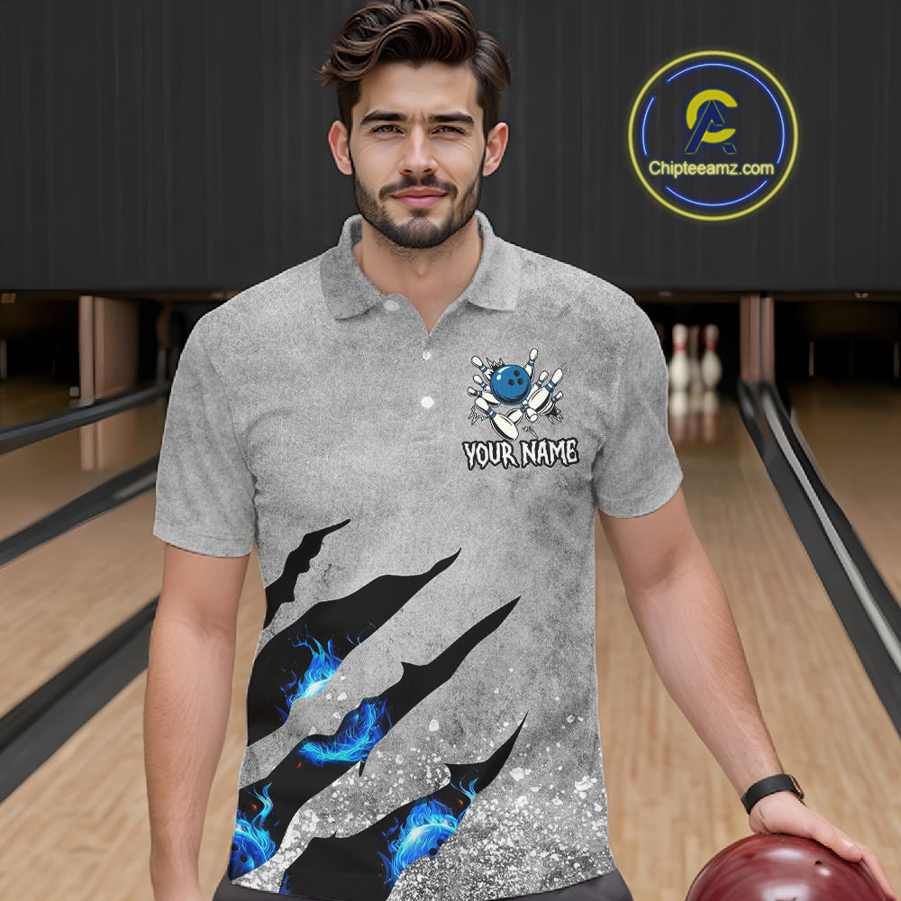 Blue flame bowling ball jerseys Gray grunge custom bowling shirts for men, bowling league shirts NQS11396