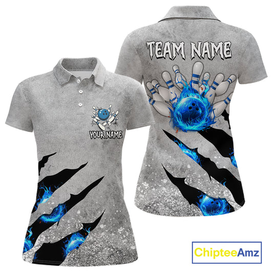 Blue flame bowling ball jerseys Gray grunge custom bowling shirts women, bowling league shirts NQS11396