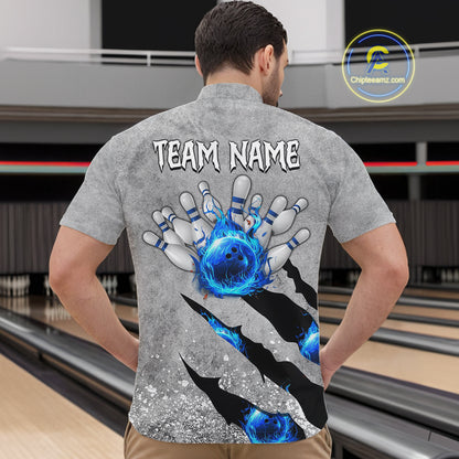 Blue flame bowling ball jerseys Gray grunge custom bowling shirts for men, bowling league shirts NQS11396