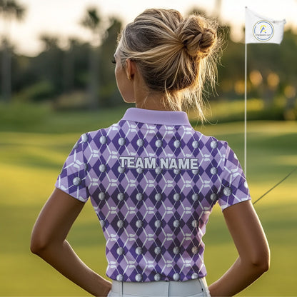 Women golf polo shirts custom purple argyle plaid pattern golf attire for ladies, golfer gifts NQS10078