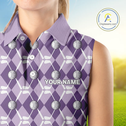 Women sleeveless polo shirt custom purple argyle plaid pattern golf attire for ladies, golfer gifts NQS10078