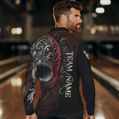 Red and Black Skull Scroll Men Bowling Polo, Quarter Zip Shirts Custom Skull Team bowling Jersey NQS9331