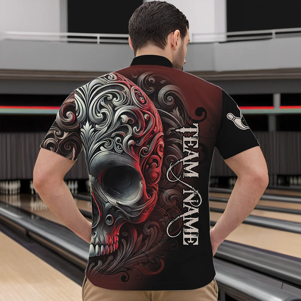 Red and Black Skull Scroll Men Bowling Polo, Quarter Zip Shirts Custom Skull Team bowling Jersey NQS9331