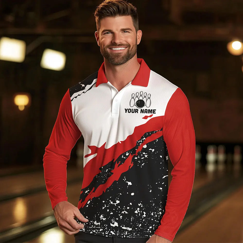 Black and white grunge pattern Bowling shirts for men Custom Bowling Team league Jerseys | Red NQS9335