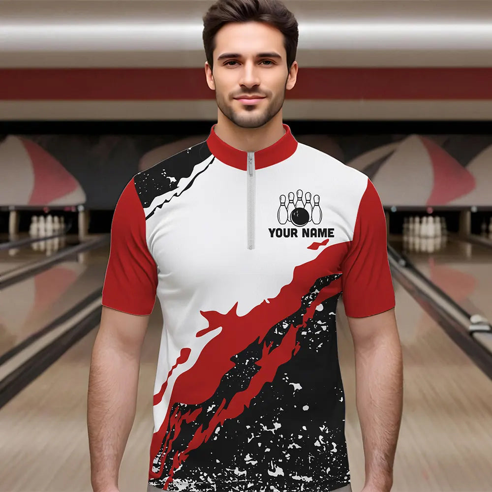 Black and white grunge pattern Bowling shirts for men Custom Bowling Team league Jerseys | Red NQS9335