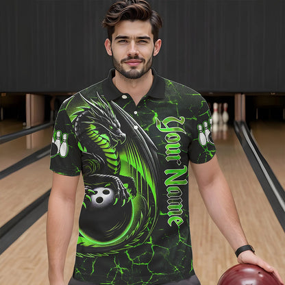 Black And Green Custom Dragon Bowling Shirts For Men, Dragon Bowling Team Shirts NQS9477
