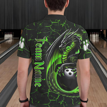 Black And Green Custom Dragon Bowling Shirts For Men, Dragon Bowling Team Shirts NQS9477