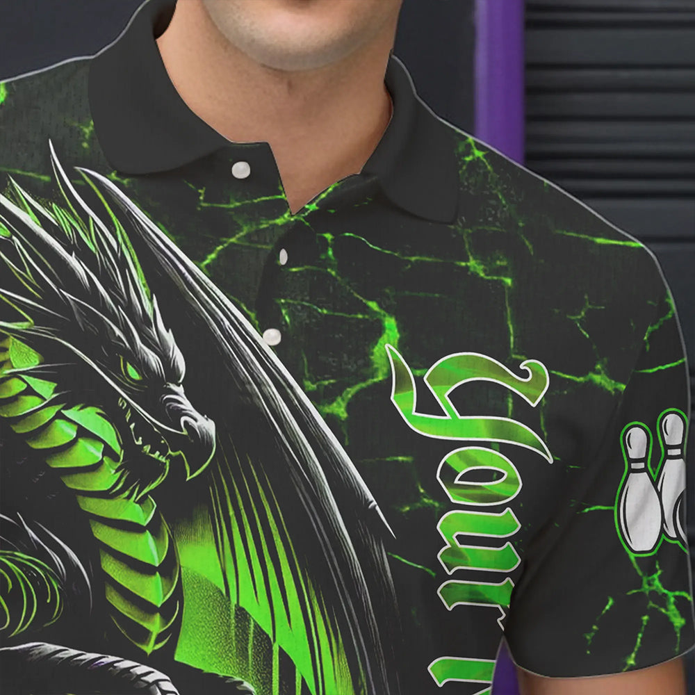 Black And Green Custom Dragon Bowling Shirts For Men, Dragon Bowling Team Shirts NQS9477