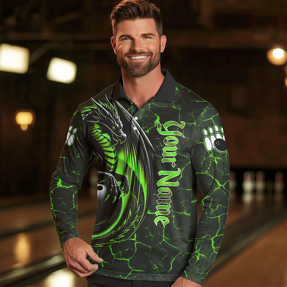 Black And Green Custom Dragon Bowling Shirts For Men, Dragon Bowling Team Shirts NQS9477