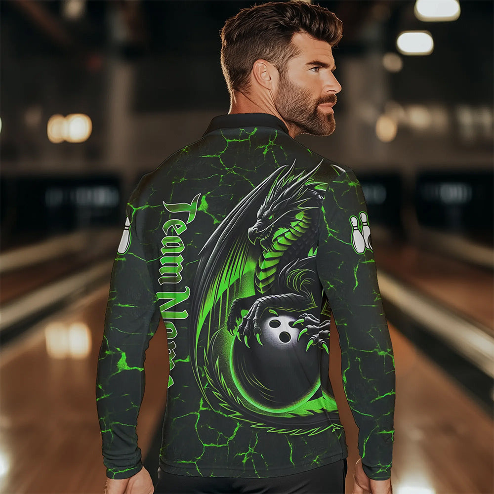 Black And Green Custom Dragon Bowling Shirts For Men, Dragon Bowling Team Shirts NQS9477