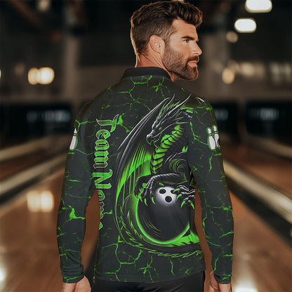 Black And Green Custom Dragon Bowling Shirts For Men, Dragon Bowling Team Shirts NQS9477
