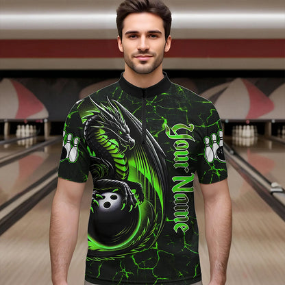 Black And Green Custom Dragon Bowling Shirts For Men, Dragon Bowling Team Shirts NQS9477