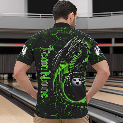Black And Green Custom Dragon Bowling Shirts For Men, Dragon Bowling Team Shirts NQS9477