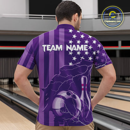 Personalized Purple American flag Lightning thunder Custom Bowling Team Shirts For Mens Bowling Jersey NQS9858