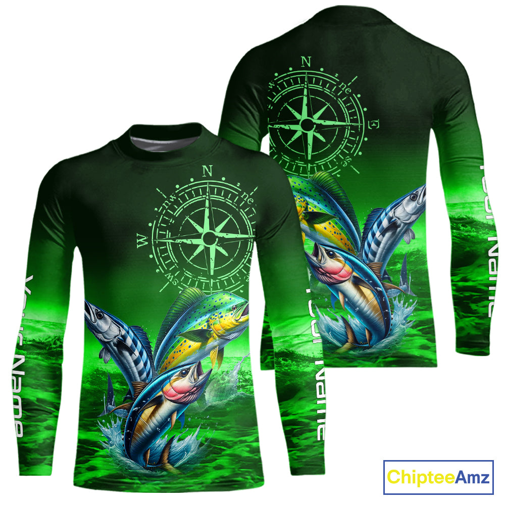 Personalized Mahi Mahi, Wahoo, Tuna Green Performance Fishing Shirt,compass offshore tournament Shirt NQS10234