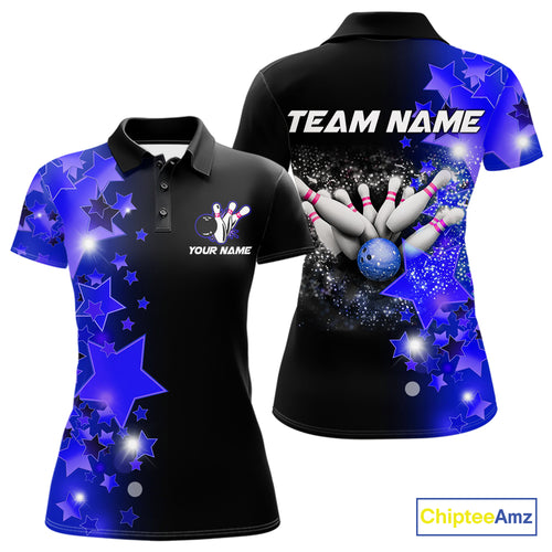 Women's bowling Polo, Quarter Zip shirts Custom Blue Stars Bowling Team Bowlers Jersey NQS10598